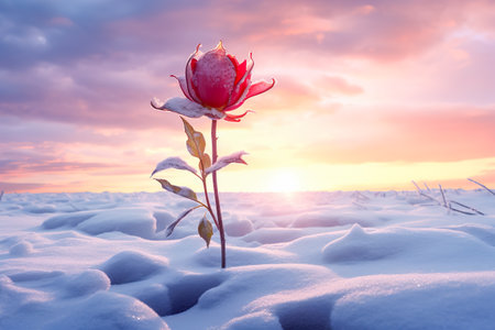 Red rose covered with snow. Flower bud close-up at the beginning of winterの素材