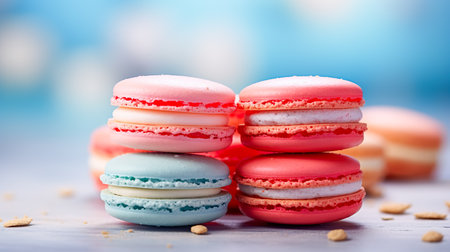 macarons dessert with vintage pastel tones. close up. Small French cakes. Culinary and cooking concept.の素材