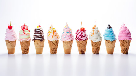 Variety of ice cream scoops in cones with chocolate, vanilla and strawberry. icecream in waffles. Summer and Sweet menu concept.の素材