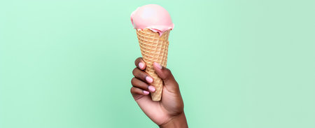 Woman holding waffle cone with delicious ice cream on light backgroundの素材