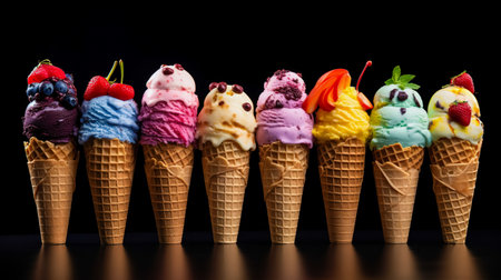 Variety of ice cream scoops in cones with chocolate, vanilla and strawberry. icecream in waffles. Summer and Sweet menu concept.の素材