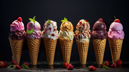 Variety of ice cream scoops in cones with chocolate, vanilla and strawberry. icecream in waffles. Summer and Sweet menu concept.の素材
