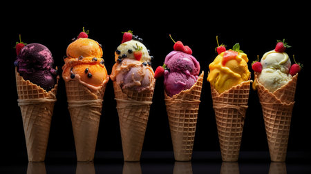 Variety of ice cream scoops in cones with chocolate, vanilla and strawberry. icecream in waffles. Summer and Sweet menu concept.の素材