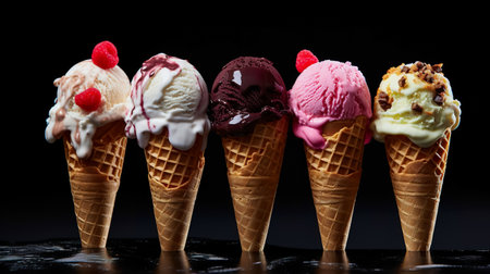 Variety of ice cream scoops in cones with chocolate, vanilla and strawberry. icecream in waffles. Summer and Sweet menu concept.の素材