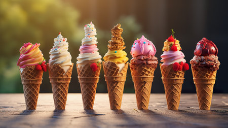 Variety of ice cream scoops in cones with chocolate, vanilla and strawberry. icecream in waffles. Summer and Sweet menu concept.の素材