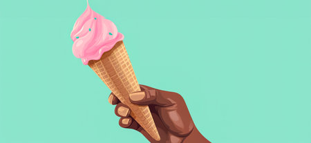 Woman holding waffle cone with delicious ice cream on light backgroundの素材