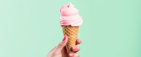 Woman holding waffle cone with delicious ice cream on light backgroundの素材