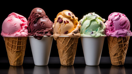 Variety of ice cream scoops in cones with chocolate, vanilla and strawberry. icecream in waffles. Summer and Sweet menu concept.の素材
