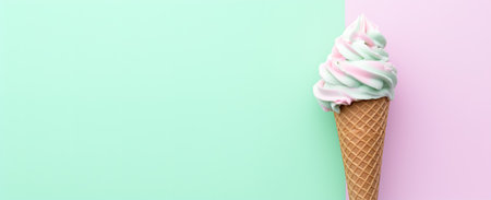 Woman holding waffle cone with delicious ice cream on light backgroundの素材
