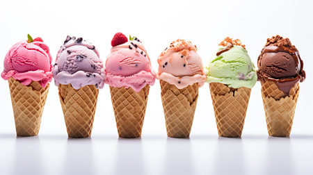 Variety of ice cream scoops in cones with chocolate, vanilla and strawberry. icecream in waffles. Summer and Sweet menu concept.の素材