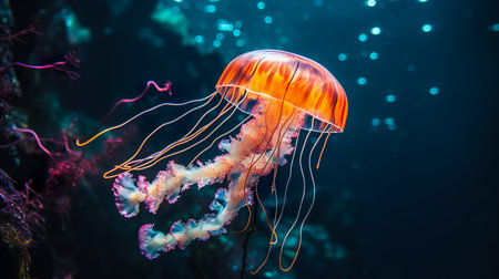 Jellyfish dansing in the dark blue ocean water. Glowing jellyfish swim deep in blue sea.の素材