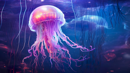 Jellyfish dansing in the dark blue ocean water. Glowing jellyfish swim deep in blue sea.の素材