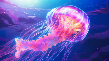 Jellyfish dansing in the dark blue ocean water. Glowing jellyfish swim deep in blue sea.の素材