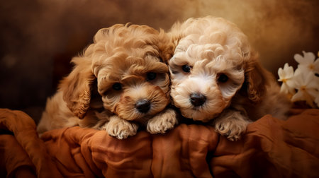 Puppies sitting in a basket. cute adorable pets puppies. Animal care. Love and friendship.の素材