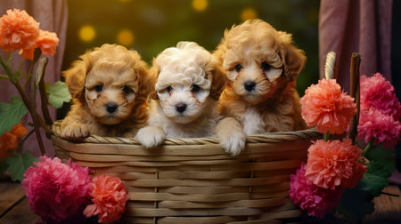 Puppies sitting in a basket. cute adorable pets puppies. Animal care. Love and friendship.の素材