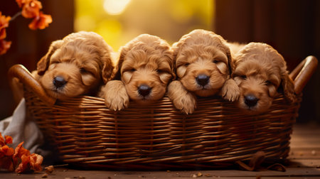Puppies sitting in a basket. cute adorable pets puppies. Animal care. Love and friendship.の素材