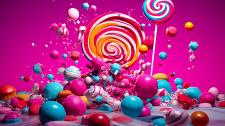 lollipops and different colored round candy. Colorful sweets.の素材