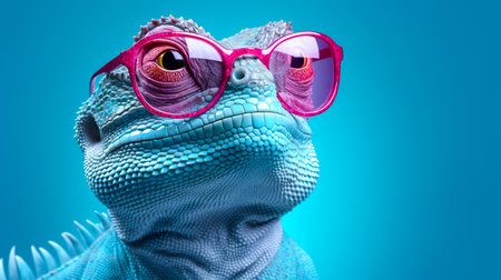Chameleon wearing sunglasses on blue background. close-up.の素材