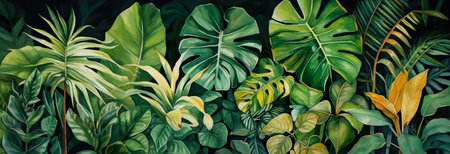Green leaves of tropical plants bush floral arrangement indoors garden nature backdrop isolated on black backgroundの素材