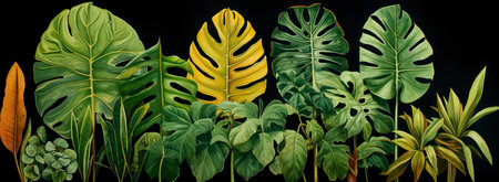 Green leaves of tropical plants bush floral arrangement indoors garden nature backdrop isolated on black backgroundの素材