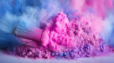 Make-up brush with pink and blue powder explosion on dark backgroundの素材