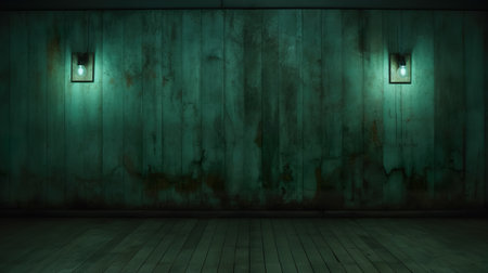 Empty table on dark green texture wall background. Composition with  light reflections. Mock up for presentation, branding productsの素材