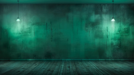 Empty table on dark green texture wall background. Composition with  light reflections. Mock up for presentation, branding productsの素材