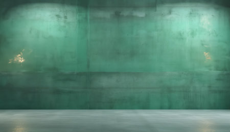 Empty table on dark green texture wall background. Composition with  light reflections. Mock up for presentation, branding productsの素材