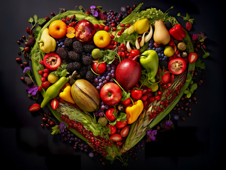 Heart shape by various vegetables and fruits. Healthy food concept. Isolated on black backgroundの素材
