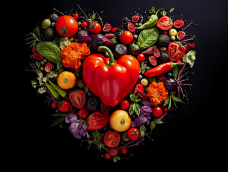 Heart shape by various vegetables and fruits. Healthy food concept. Isolated on black backgroundの素材