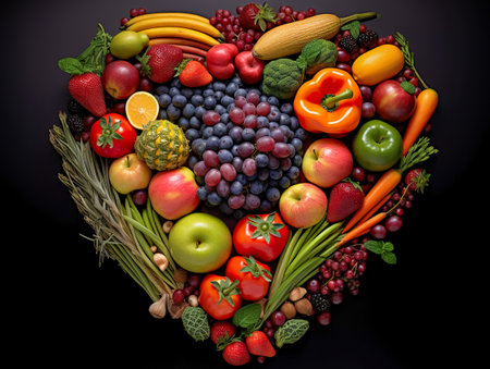 Heart shape by various vegetables and fruits. Healthy food concept. Isolated on black backgroundの素材