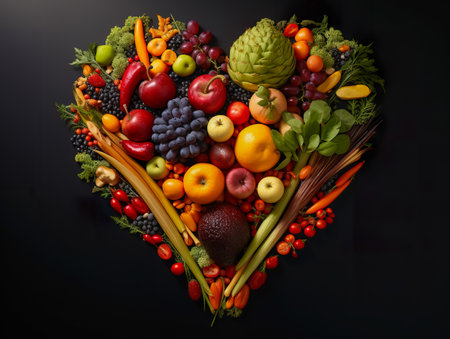 Heart shape by various vegetables and fruits. Healthy food concept. Isolated on black backgroundの素材