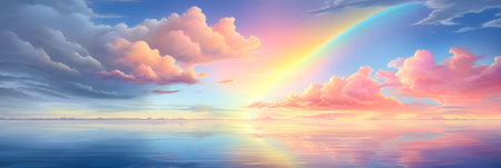Panorama of a big summer field shined with the sun, with clouds and rainbow in the sky on backgroundの素材