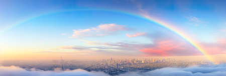 Panorama of a big summer field shined with the sun, with clouds and rainbow in the sky on backgroundの素材