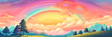Panorama of a big summer field shined with the sun, with clouds and rainbow in the sky on backgroundの素材