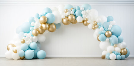 Celebration party banner with Blue white and gold color balloons background.の素材