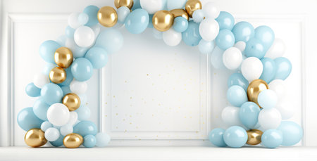Celebration party banner with Blue white and gold color balloons background.の素材
