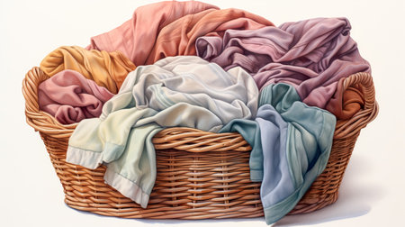 Wicker basket with dirty laundry indoors. Clothes in a laundry wooden basketの素材