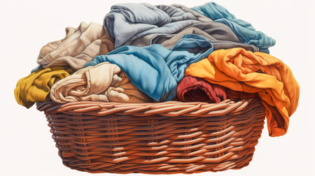Wicker basket with dirty laundry indoors. Clothes in a laundry wooden basketの素材