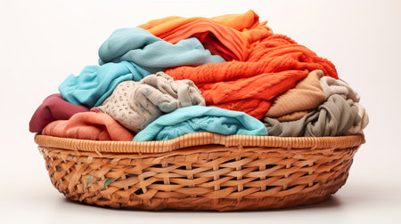 Wicker basket with dirty laundry indoors. Clothes in a laundry wooden basketの素材