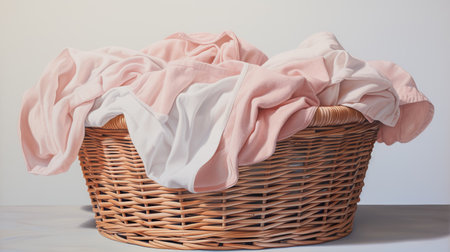 Wicker basket with dirty laundry indoors. Clothes in a laundry wooden basketの素材