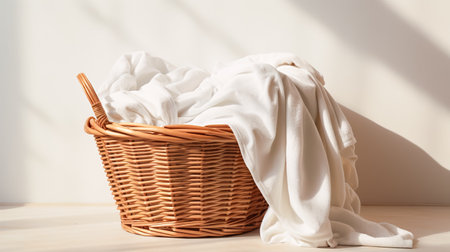 Wicker basket with dirty laundry indoors. Clothes in a laundry wooden basketの素材
