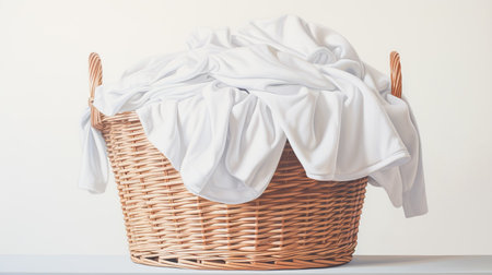 Wicker basket with dirty laundry indoors. Clothes in a laundry wooden basketの素材