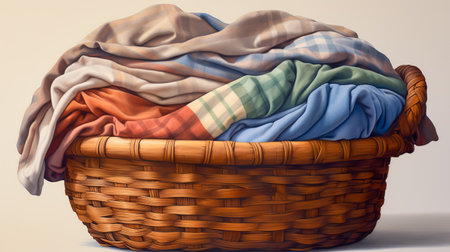 Wicker basket with dirty laundry indoors. Clothes in a laundry wooden basketの素材