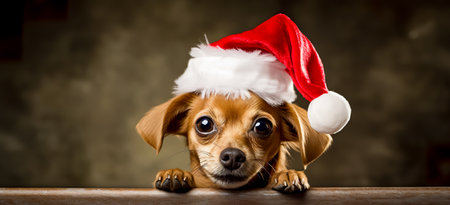 Cute young puppy wearing Christmas Santa Claus hat. Adorable petsの素材