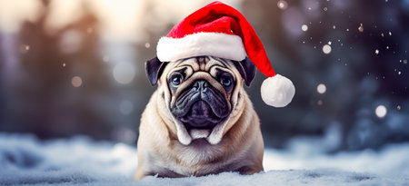 Cute young puppy wearing Christmas Santa Claus hat. Adorable petsの素材