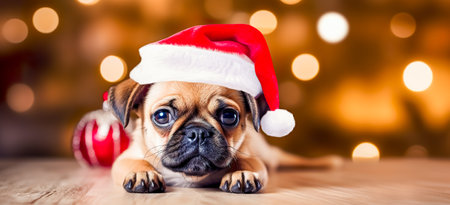 Cute young puppy wearing Christmas Santa Claus hat. Adorable petsの素材