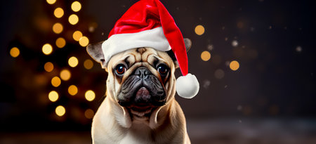 Cute young puppy wearing Christmas Santa Claus hat. Adorable petsの素材