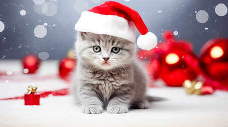 Cute young puppy wearing Christmas Santa Claus hat. Adorable petsの素材