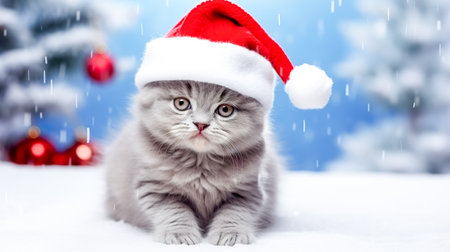 Cute young puppy wearing Christmas Santa Claus hat. Adorable petsの素材